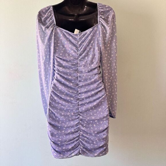 Sheer Baby Blue Floral Ruched Body-con long sleeve Mini dress Size Small - Picture 5 of 5